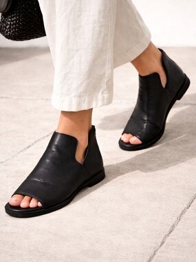 Bamboo Open Toe Booties Size 6 Black Minimalist Cutout Slip On Flat Ankle Shoes